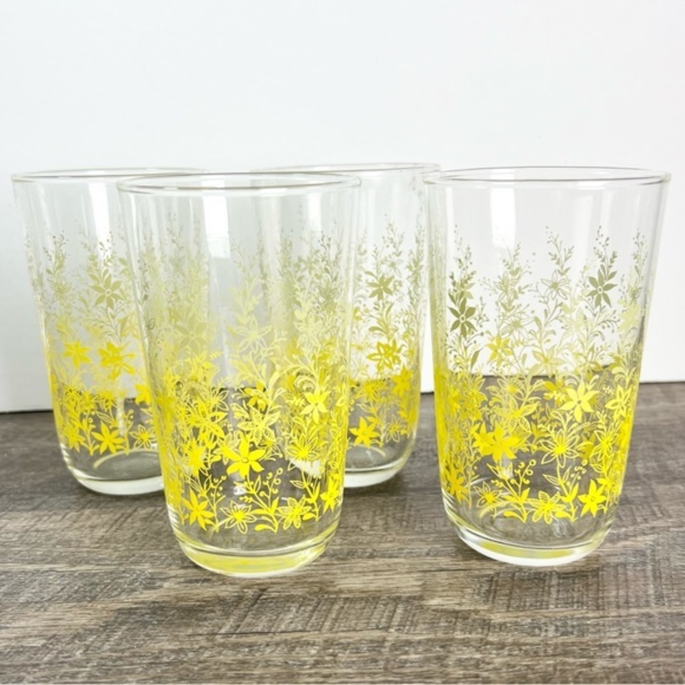 Vintage Drinking Glasses yellow floral MCM retro kitchen‎ cups Glass